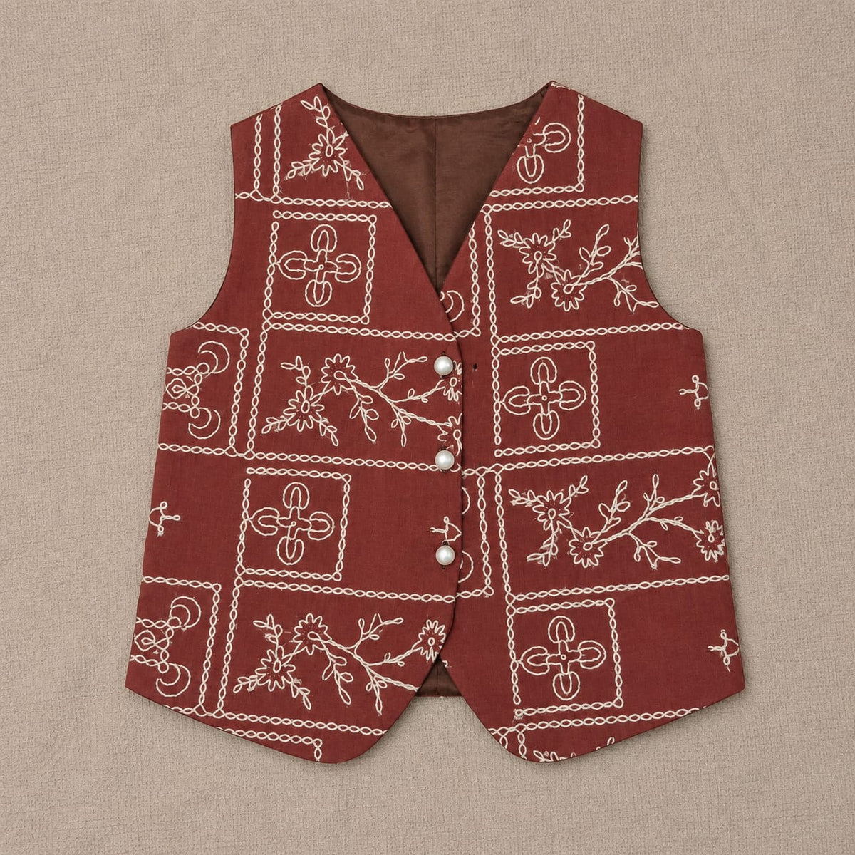 Rust Printed Waistcoat & Cream Pants Set