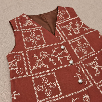 Rust Printed Waistcoat & Cream Pants Set