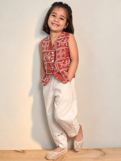 Rust Printed Waistcoat & Cream Pants Set