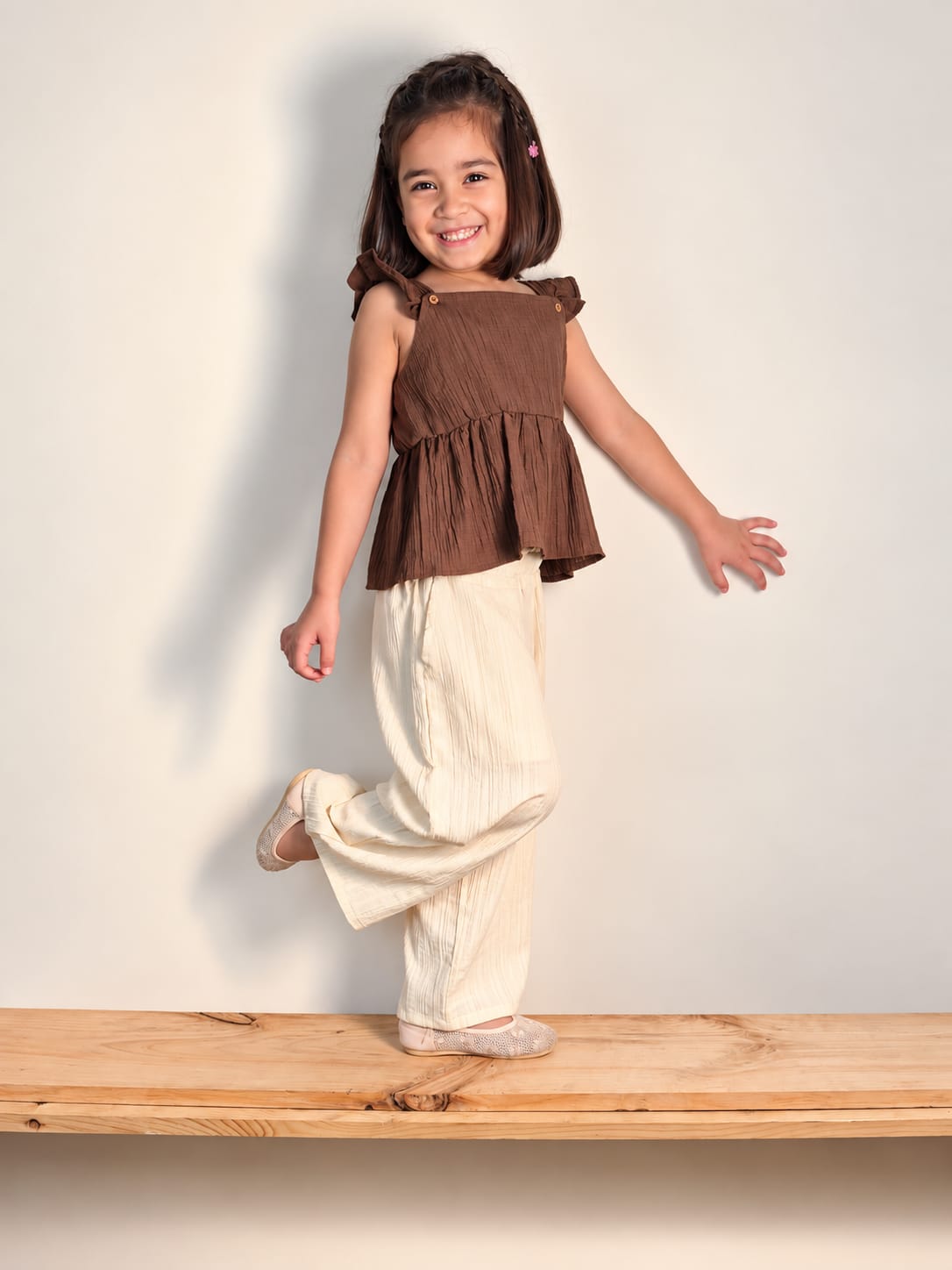 Brown Ruffle Strap Top & Wide-Leg Set