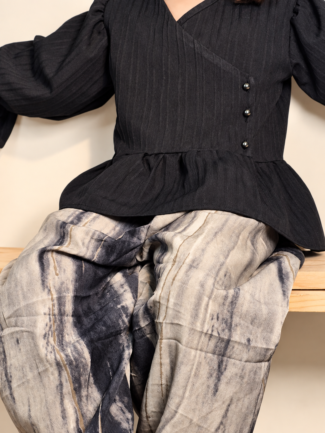 Black textured Peplum Set